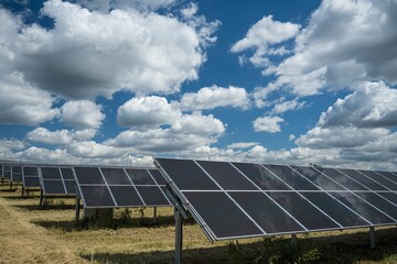 Canvas Print - Solar panels used for renewable energy on the field under the sky full of clouds