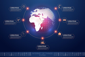 Fototapete - Internet of things (IoT) or Industrial world map and networking concept for connected devices. Spider web of network connections with on a futuristic blue background. Vector illustration