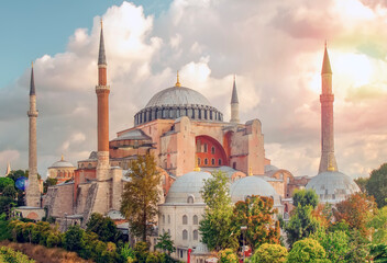 Sunny day architecture and Hagia Sophia Museum, in Eminonu, istanbul, Turkey 