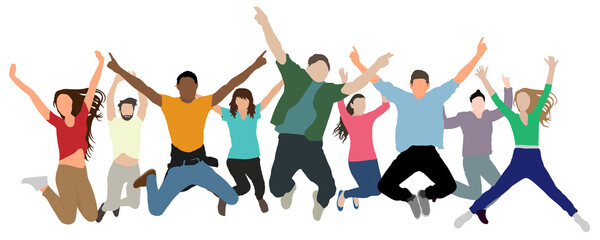 Happy jumping people rejoice in victory, success, and happiness. Crowd of cheerful people at party, holiday. Hands up. Vector illustration