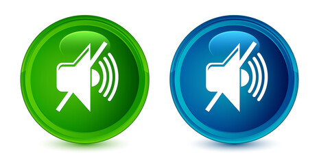 Mute volume icon artistic shiny glossy blue and green round button set