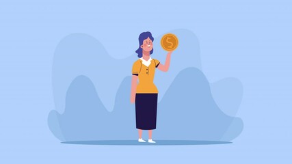 Poster - businesswoman with coin dollar character animated