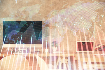 Multi exposure of financial graph drawing and office interior background. Concept of market analysis.