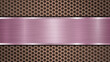 Background of bronze perforated metallic surface with holes and horizontal purple polished plate with a metal texture, glares and shiny edges