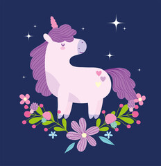 Poster - little unicorn flowers fantasy magic animal cartoon dark background