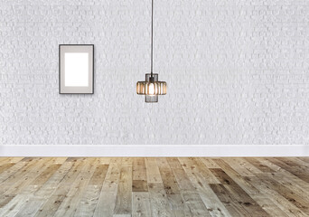 white bright empty interior design, stone wall. 3D illustration