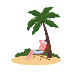 Poster - Man cartoon with swimsuit and medical mask at beach design, Summer vacation tropical and covid 19 virus theme Vector illustration