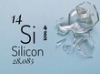 Silicon is a chemical element of the periodic table with the symbol Si and atomic number 14. The symbol Si with atomic data (atomic number, mass and electron configuration) and broken glass pieces.