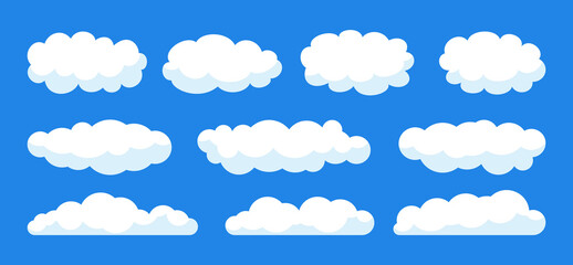 Wall Mural - Cloud with shadow and volume set. Abstract cloudy collection flat cartoon style. Label, symbol clouds shape different clouds. Nature weather elements sky. Isolated vector illustration