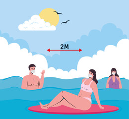 Poster - Social distancing between boy and girls with medical masks at the sea design, Summer vacation tropical and covid 19 virus theme Vector illustration