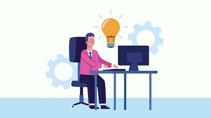 businessman using desktop in the office character animated