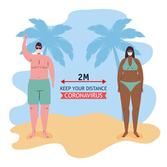 Poster - Social distancing between boy and girl with medical masks at the beach design, Summer vacation tropical and covid 19 virus theme Vector illustration