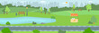 Park area in the city, flat vector illustration. Town public nature park with trees, footpath and a area for environment. Cartoon image of a municipal landscape park with a lake.