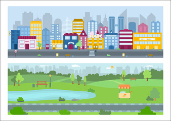 Wall Mural - City landscape and architecture set, vector flat illustration. Town public nature park with trees, footpath and recreation area. Town buildings, skyscrapers and cityscapes in the metropolis.