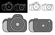 Camera Icons Set. Equipment For Photography And Selfie. World Photography Day August 19th. Isolated Black White Vector