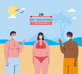 Poster - Social distancing between boys and girl with medical masks at the beach design, Summer vacation tropical and covid 19 virus theme Vector illustration