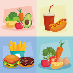 Sticker - junk and healthy food frames design, eat restaurant and menu theme Vector illustration