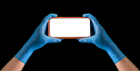 Doctor's hand in medical gloves holding phone and playing games isolated