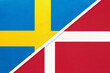 Sweden and Denmark, symbol of national flags from textile. Championship between two European countries.