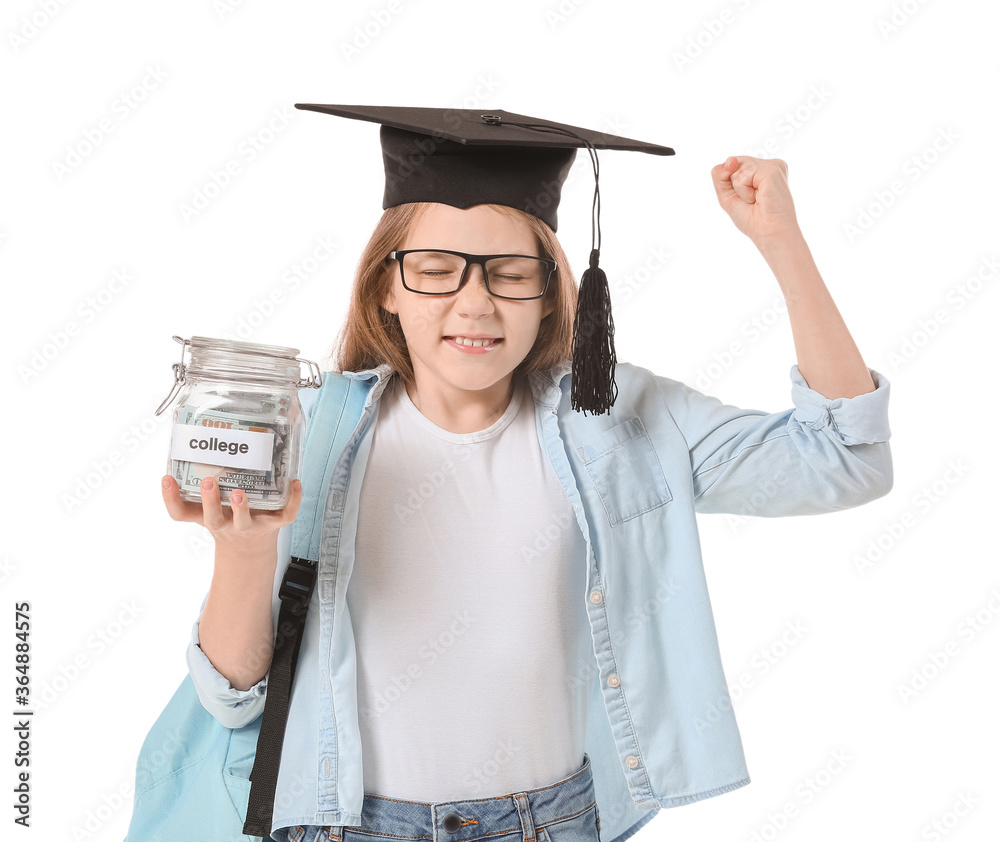 Happy girl with savings for education on white background