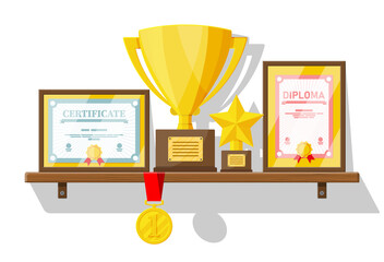 Wall Mural - Trophy and awards collection on wooden shelf. Diploma and certificate in frames. Competition prizes, cups and medals. Award, victory, goal, champion achievement. Vector illustration in flat style