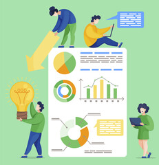 Fototapete - Men and women near information board. People using business tools in work on project. Guy hold light bulb that symbolizes idea. Analytics and statistics graphs, diagrams. Vector illustration in flat