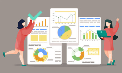 Fototapete - Women doing statistics diagrams for business report. People preparing project for presentation. Analytics graphics and financial charts on board. Vector illustration of teamwork in flat style