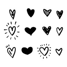 Heart Doodles. Hand Drawn Hearts. Design Elements For Valentine's Day. Vector EPS 10.