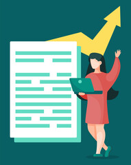 Poster - Woman stand near paper document with information. Manager working on laptop. Businesswoman doing financial report about company success and growth. Vector illustration of management in flat style