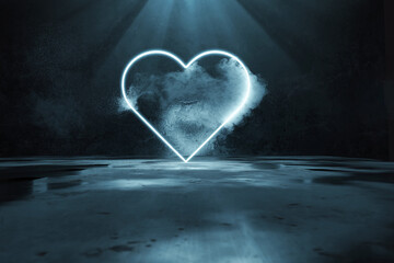 Fototapete - 3d rendering of blue lighten heart shape with light rays in front of grunge wall background and puddles