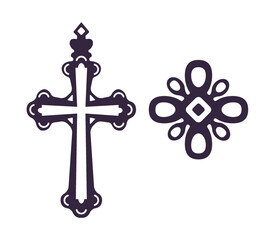 Catholic christian religious cross with ornament vector icons.