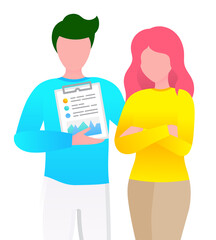 Poster - People standing together and presenting business strategy. Man and woman talk about project planning. Young lady and guy working in team. Vector illustration of startup presentation in flat style