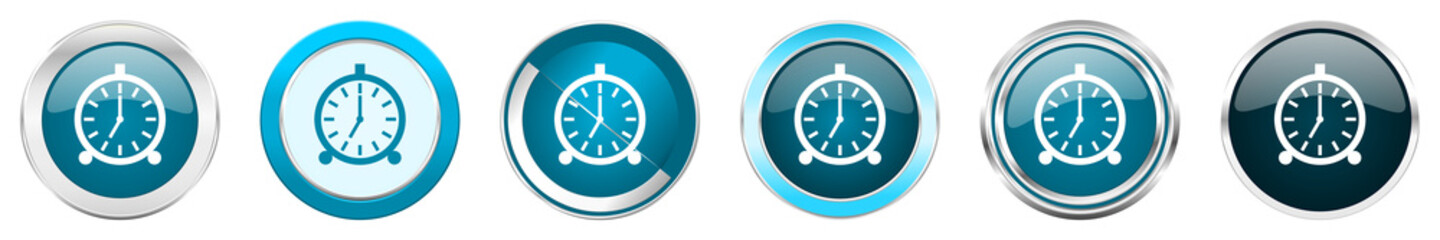 Poster - Alarm silver metallic chrome border icons in 6 options, set of web blue round buttons isolated on white background
