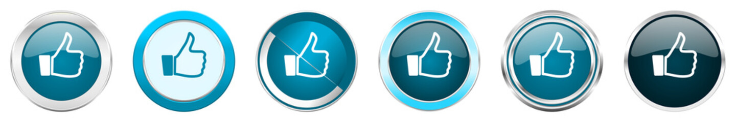 Aufkleber - Like silver metallic chrome border icons in 6 options, set of web blue round buttons isolated on white background