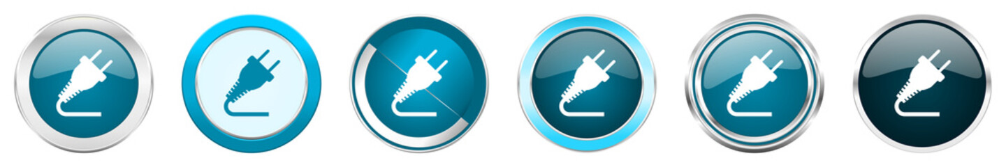 Aufkleber - Plug silver metallic chrome border icons in 6 options, set of web blue round buttons isolated on white background