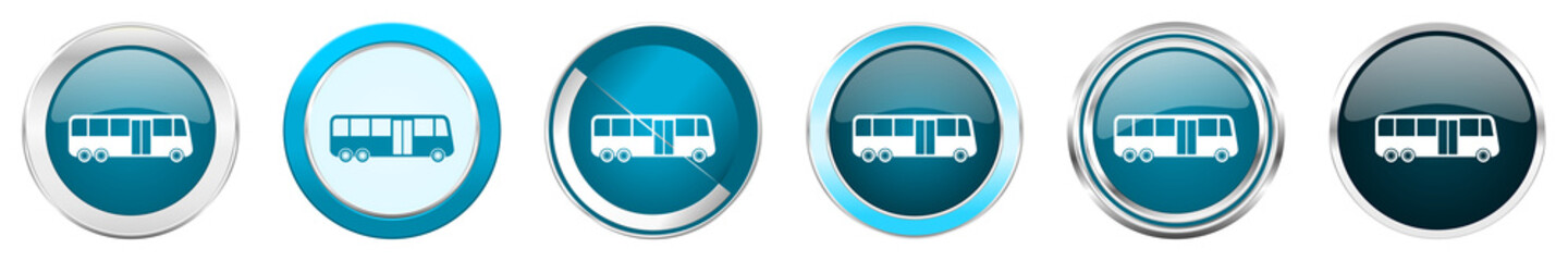 Bus silver metallic chrome border icons in 6 options, set of web blue round buttons isolated on white background