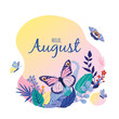 © MySunShine - Monthly calendar page with text Hello August. Colorful summer card or background with beautiful butterflies, leaves, grass and flowers. Vector illustration.