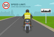 © flatvectors - Motorcycles and cars on a built-up area speed limit. Back view of a motorcycle rider. Flat vector illustration template.