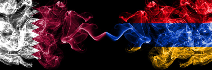 Wall Mural - Qatar vs Armenia, Armenian smoky mystic flags placed side by side. Thick colored silky abstract smoke flags.