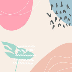 Poster - Abstract tropical background vector with palm leaf and shapes, lines and doodles in pastel colors