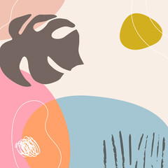 Poster - Abstract tropical background vector with palm leaf and shapes, lines and doodles in pastel colors