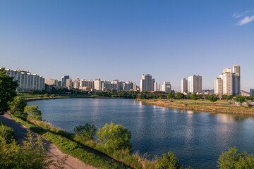 Beautiful Taehwa River and urban building in Ulsan, South Korea