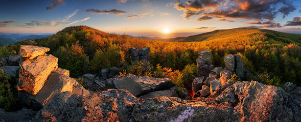 Canvas Print - Mountain dramatic sunset panorama from peak, Vtacnik landscape - Slovakia