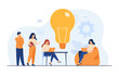 © SurfupVector - Business team meeting in office or co-working space. Colleagues sitting at desk, working with computer, discussing ideas for project together. Can be used for teamwork or cooperation concept.