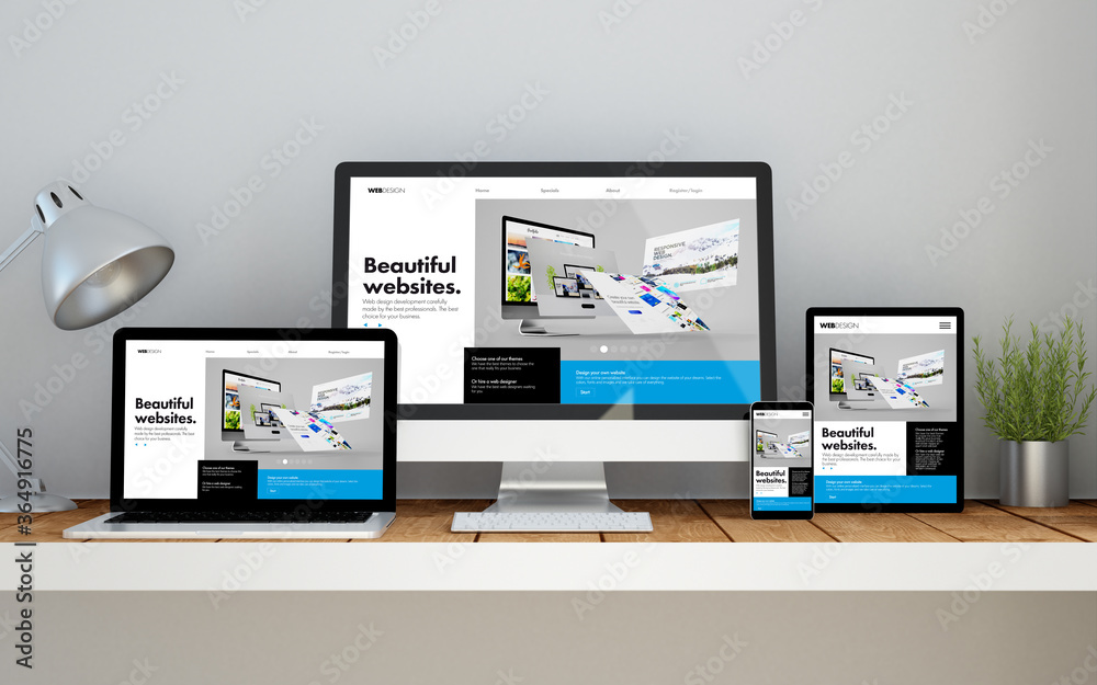 workplace with  online responsive website builder  on devices - obrazy, fototapety, plakaty 