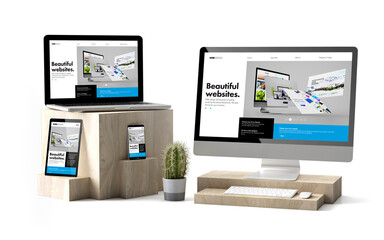 Fototapete - wooden cubes devices isolated responsive builder website