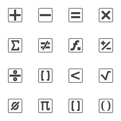 Calculator symbols vector icons set, math modern solid symbol collection, filled style pictogram pack. Signs, logo illustration. Set includes icons as addition, subtraction, multiplication, division