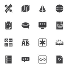 Math And Algebra Vector Icons Set, Modern Solid Symbol Collection, Filled Style Pictogram Pack. Signs, Logo Illustration. Set Includes Icons As Geometric Shapes, Formula, Arithmetic, Pen And Ruler