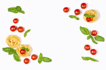  Frame of cherry tomatoes, pasta and basil leaves on a white isolated background. Fresh food. Flat lay. Copy space.