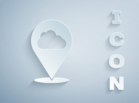 Paper cut Location cloud icon isolated on grey background. Paper art style. Vector.